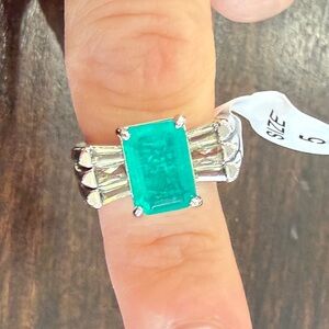 Bomb Party Silver and Emerald Quartz Gemstone Ring size 5 Wide Eyed Gaze